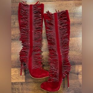 Lauren Lorraine Layzer Red Knee High Rhinestone Fringe Pointed Toe Heel Boot 9